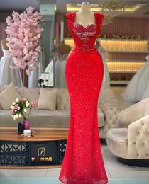 Party Dresses Red Shiny Prom Sleeveless Straps V Neck Appliques Sequins Lace Train Fashion Evening Gowns Plus Size Custom Made