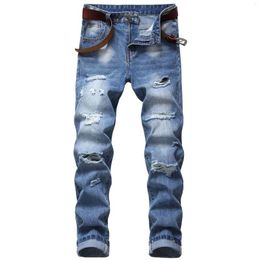 Men's Jeans Hole Patch Denim Design Ruined Retro Old Washed Slim Fit Small Feet Long Pants Large Size