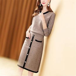 Work Dresses 2023 Casual Loose Tops And Knee Length Skirt Knitted Set Solid Women Pullover Sweaters Skirts Two Piece Suits Clothing