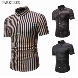 Men's Casual Shirts Vertical Stripes For Men Fashion Splice Short Sleeve Shirt Lapel Button Down Dress Business Chemise271t