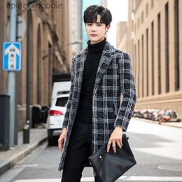 Men's Wool Blends 2023 Boutique Woolen Coat Casual Slim Korean Version of The Mid-length Fashion Autumn and Winter Plaid Woolen Mink Trench Coat L230919