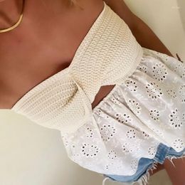 Women's Tanks Jacquard Eyelet Knitted Crop Top Women Strapless Off Shoulder Camis 00s Fairy Coquette Backless Tube Tops Y2K Vintage Holiday