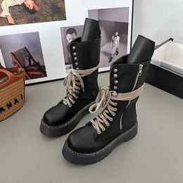 Boots Women Motorcycle Chunky Platform Boots Luxury Round Toe Mid-Calf Lace Up Bandage Winter Boots Casual Zip Black Ankle Boots J230919