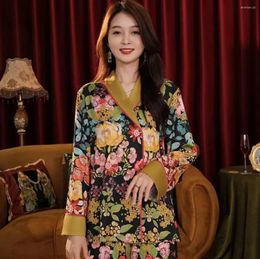 Women's Sleepwear Pyjamas Set V Neck Design Luxury Flower Print Silk Like Home Clothes Loose Nightwear 2 Piece Suit Pijama