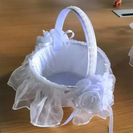 White Wedding Flower Basket With Elegant Satin Round And Pink Rose Girl Baskets Favors Decor H5634298L