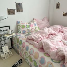 Bedding sets Rainbow Love Heart Set Bed Flat Sheet Duvet Cover Pillowcase Twin Full Queen Size Linen Adult Girls Pink Quilt 230919