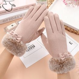 Five Fingers Glove Winter Keep Warm Touch Screen Plus Cashmere Thicken Cycling Drive Elegant Bow Plush Wrist Anti Slip Windproof 230919