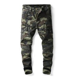 Mens Camouflage Fold Skinny Jeans Fashion Designer Pocket Panelled Causal Camo Stretch Denim Pants Hip Hop Trousers206O