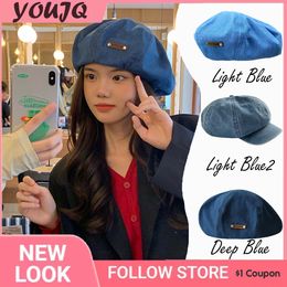 Berets Y2k Harajuku Adjustable PU Patch Women Big Size Beret Retro Blue Denim Girl Painter Mushroom Hats for Female Sombreros De Mujer 230818