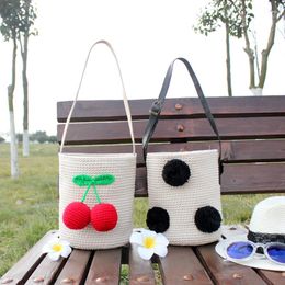 Evening Bags Cute Cherry Straw Handbag Cotton Ball Black Beach Bag Girl Woven Bucket Shoulder