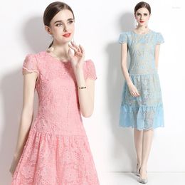 Casual Dresses 2023 Dress Round Neck Three-dimensional Lace Lotus Edge Waist Slimming Princess Wind Pengpeng Sweet