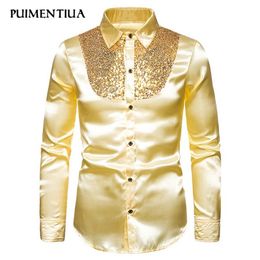 Puimentiua Sequin Shirt Men Wedding Groom Dress Long Sleeve Shirts Mens Nightclub Disco Dance Party Prom Custyme Fashion 2020292H