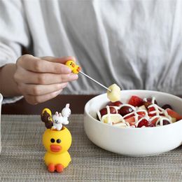 Forks 6pcs Cute Duck Fruit Fork Kawaii Cartoon Picks For Kids Bento Accessories Cake Dessert Salad With Holder Tableware