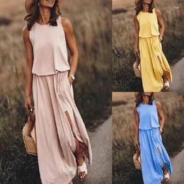 Skirts 2023 Summer Holiday Style Solid Color Round Neck Sleeveless Slit Skirt Long Casual Beach Loose Sundress