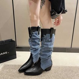 Boots Winter Woman Western Cowgirl Boot Fashion Slip On Square Mid Heel Shoes Ladies Elegant Pointed Toe Long Booties J230919