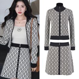 Womens Maje Stand Collar Jacquard Pattern Knitted Cardigan Coat+ Skirt