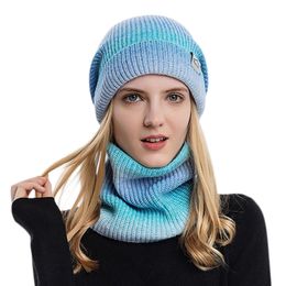 Autumn Winter Knitted Hat Scarf Set Ladies Leisure Style Gradient Color Thickened Windproof Beanie Warm Cap Neckerchief