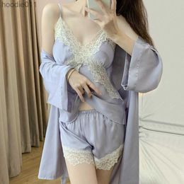 Women's Sleepwear Summer 3PCS Pyjamas Set Lingerie Ladies Lace Bathrobe Top Shorts Sleep Suit Women Sleepwear Satin Silky Pijamas Home Clothes L230919