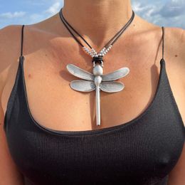 Pendant Necklaces Ethnic Style Silver Colour Big Dragonfly Necklace For Women Girls Vintage Tribal Jewellery Waxed Rope Accessories