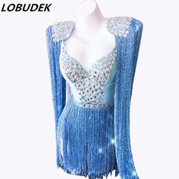 Women's Jumpsuits Rompers Sexy V-Neck Rhinestones Pink Blue Fringes Epaulette Bodysuit DJ Singer Nightclub Costume Elastic Tassels Catsuit Women Stage Wear 230918