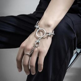 Link Bracelets KunJoe Punk Metal Geometric Circular Buckle Bracelet Connected Finger Ring For Men Silver Color Chain Hiphop
