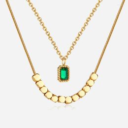 Pendant Necklaces Luxury Green Emerald Zircon Charms Collarbone Chain Stainless Steel Women Jewelry Double Layered Necklace Mother's Day