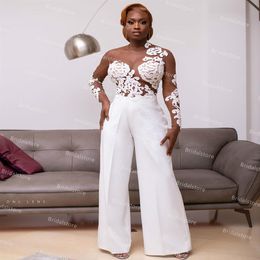 Nigeria African Jumpsuit Wedding Dress Wih Long Sleeve Sexy See Through Top Lace Pant Suit Satin Bohemian Beach Bridal Dresses Bac283G