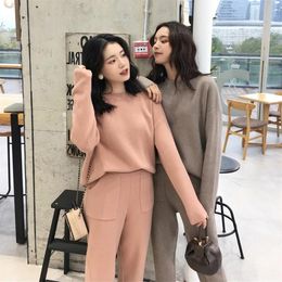 Knitted 2 Pieces Set Tracksuits Women Autumn Winter Thick Warm O-Neck Loose Sweater Ankle-Length Pants Warm Cashmere Suit 200922296a