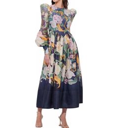 French Elegant 2023 Autumn Fashion Show New Women's with Waist Wrap and Large Swing Printed Sleeve Long Dress 9