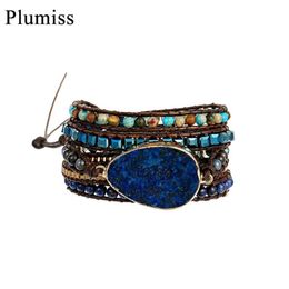 Tennis Teardrop Lapis Lazuli Leather Wrap Bracelets For Women Boho Crystal Natural Stone Beaded Bracelet With Stainless Steel Chai2289