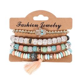 Charm Bracelets 4Pcs/Lot Bohemian Vintage Bodhi Beads Chains Set For Women Hand Of Fatima Tassel Wristband Fashion Jewellery Gift Drop D Dhq3Y
