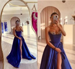 Sexy Royal Blue A Line Prom Dresses for Women Sweetheart Beaded Backless High Side Split Sweep Train Formal Occasion Evening Birthday Party Pageant Gowns