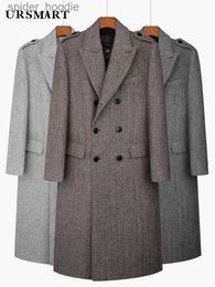 Men's Wool Blends Classic herringbone pattern ultra long wool coat for men with double breasted British fashion thickened down jacket for men L230919