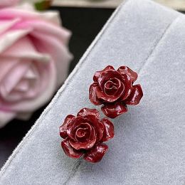 Stud Earrings Natural Red Sand Stone Carved Rose 925 Silver Elegant Vintage Flower For Women Fashion Jewellery