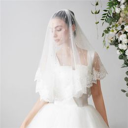 Bridal Veils 2 Tiers Wedding Veil With Dense Pearls Lace Edge White Ivory Short Comb Gorgeous Mantilla Velos De Novia