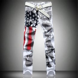 2017 New Arrival Men Casual American USA Flag Printed Jeans Pants Mens Graffiti Print white hip-hop fashion Jeans262p