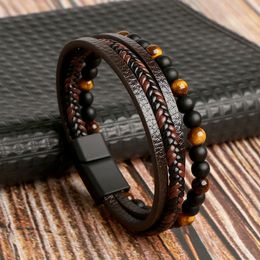 Bangle Leather Bracelet Men Classic Fashion Jewellery Alloy Magnet Buckle Tiger Eye Beaded Multi Layer Leather Bracelet Braided Rope 230919