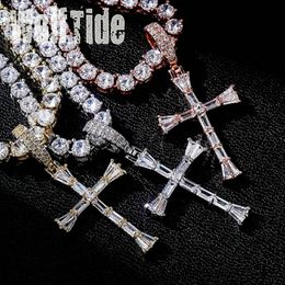 Iced Out Baguette Cubic Zirconia Cross Pendant Chain Necklace Personalized 18K Real Gold Plated Square CZ Diamond Hip Hop Rapper Jewelry Gifts for Men Women Bijoux