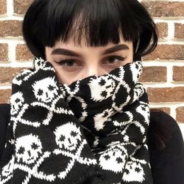 Gothic Skull Scarf Winter Knitted Pashmina Shawl Black Acrylic Echarpe Harajuku Skeleton Wrap with Fringes for Women Men