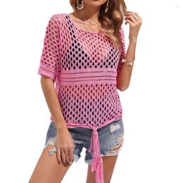 Women's Swimwear Solid Color Hollow-out Sexy Short-sleeved Top Cover Ups Knit Gingham Strapping Round Neck Beach Outfits For Women 2023