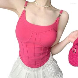 Women's Tanks Pink Fishbone Crop Tops Summer Women Sleeveless Sexy Sweet Slim Short T Shirt Girl Elegant Metal Buckle Y2K Top