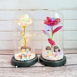 Decorative Flowers LED Eternal Rose In Glass 24K Gold Foil Flower With Fairy String Lights Dome For Wedding Valentine's Day Gift Drop