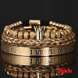 Charm Bracelets 3PcsSet Luxury Roman Royal Crown Charm Woven Bangle Set Men And Women Stainless Steel Adjustable Bracelets Couple Jewelry Gifts 230919