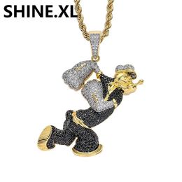 Gioielli Hip Hop da uomo Collana con ciondolo Popeye in cartone animato, colore bicolore, ghiacciato, gioielli in pietra zircone Homme224G