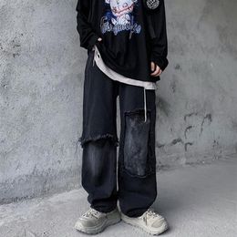 Retro patchwork jeans for men Street style hip hop denim jeans Frayed Ripped Cat whiskers goth Wide leg pants Straight pants237O