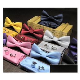 15 Colours Classic Solid Bow Ties Set 3Pcs/Set Mens Fashion Bowtie Handkerchief Cufflinks Sets Party Business Suit Tuxedo Drop Delivery Dhmr1