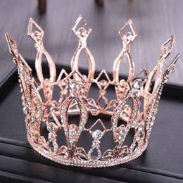 Hair Clips Vintage Rose Gold Round Crystal Wedding Tiara Queen Crown for Bridal Headpiece Diadem Prom Hair Jewelry203g