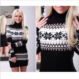New design european fashion women's turtleneck long sleeve snowflake print knitted bodycon slim waist sweater dress plus size2665