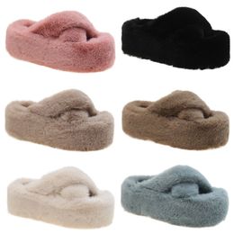 Winter plush slippers women thick bottom warm cotton drag Beige black blue pink brown color6