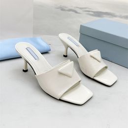 Black Brushed Leather Heeled Slides Slippers Mid-heels Designer Sandals Mules Chunky Heel Lady Flip Flops Summer Beach Slider